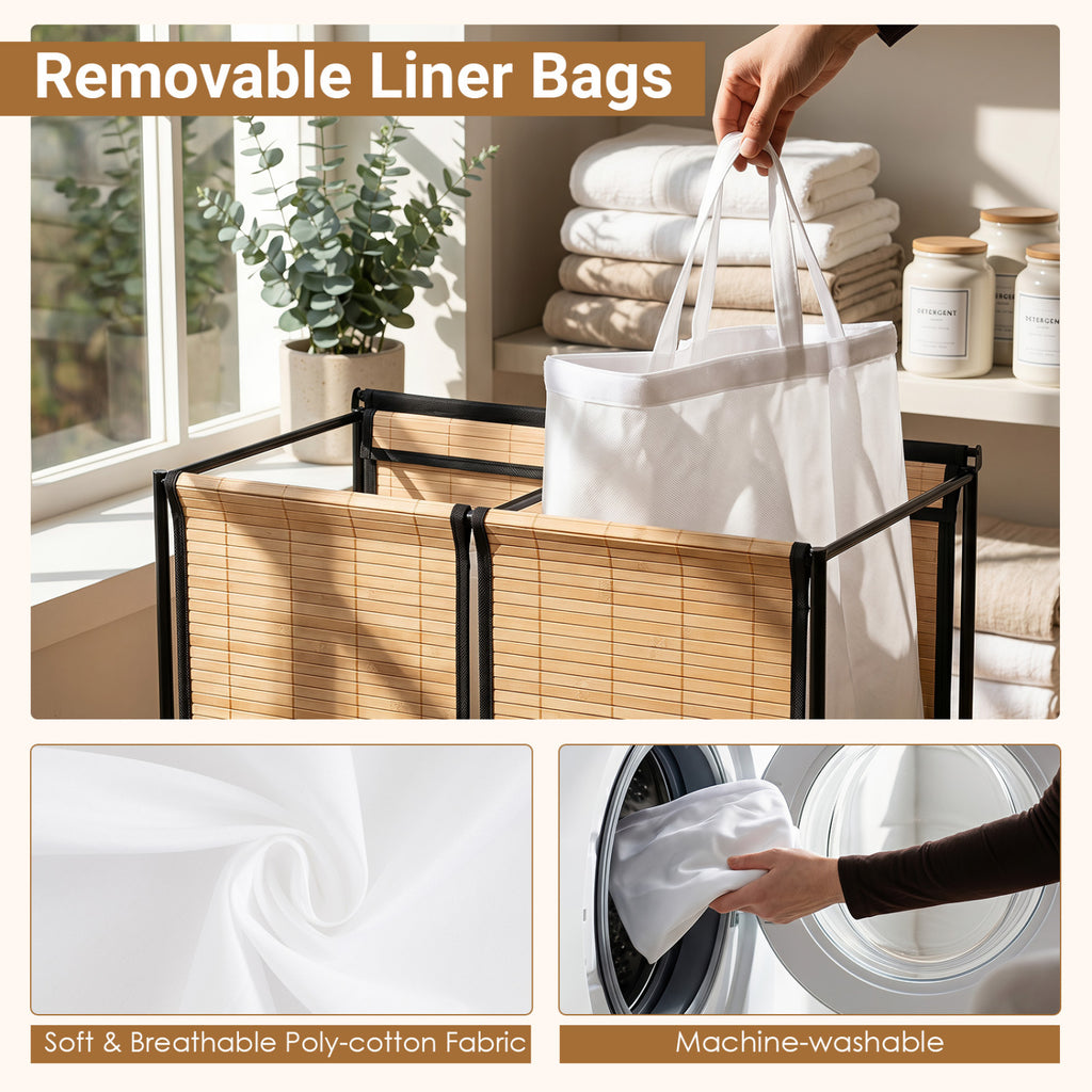 Bamboo 2-Section Laundry Hamper with Wheels & Lid - Natural