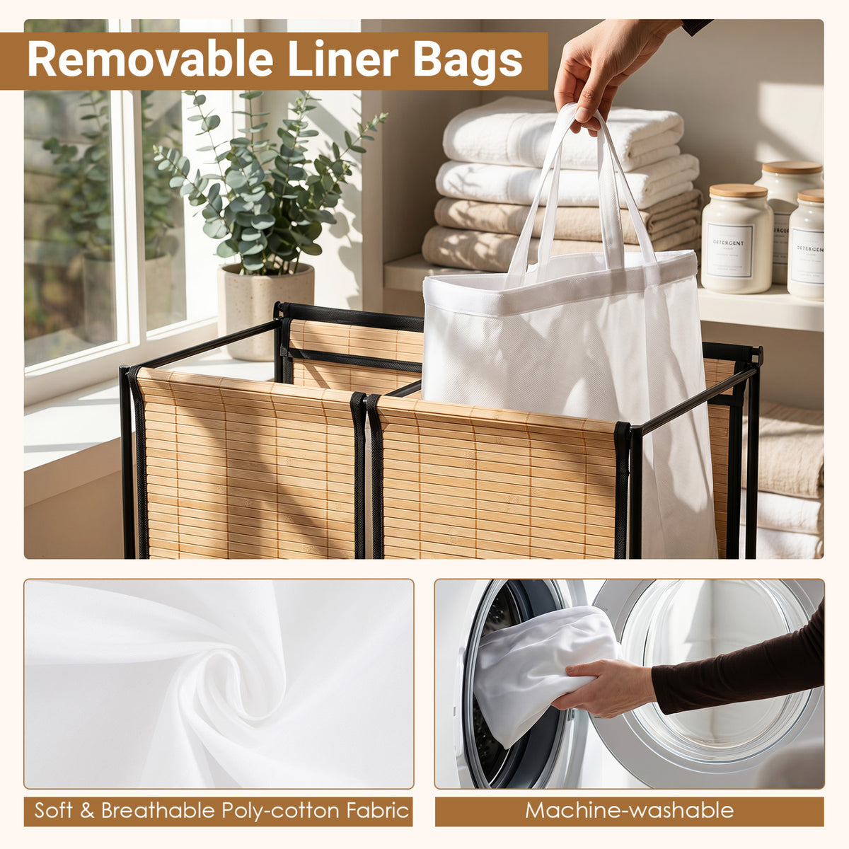 Bamboo 2-Section Laundry Hamper with Wheels & Lid - Natural