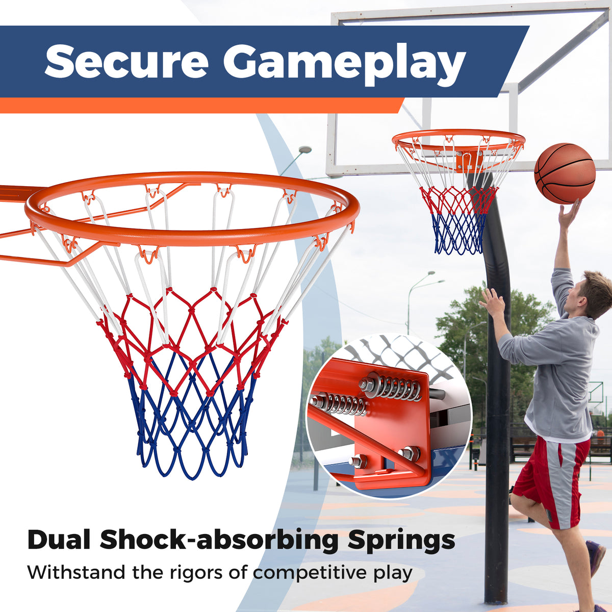 18-Inch Heavy Duty Wall-Mounted Basketball Rim with Orange Polyester Net - Shock Springs Included