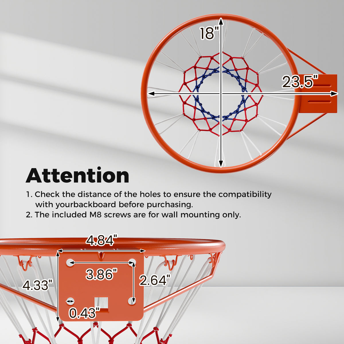 18-Inch Heavy Duty Wall-Mounted Basketball Rim with Orange Polyester Net - Shock Springs Included