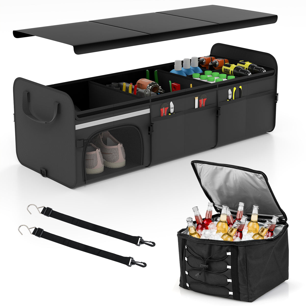 18 Gal Car Trunk Organizer with Lid 3-Compartment Portable Storage Box