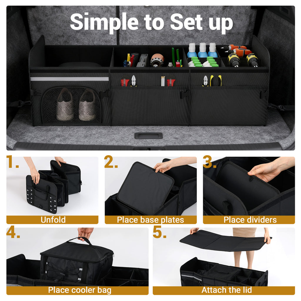 18 Gal Car Trunk Organizer with Lid 3-Compartment Portable Storage Box