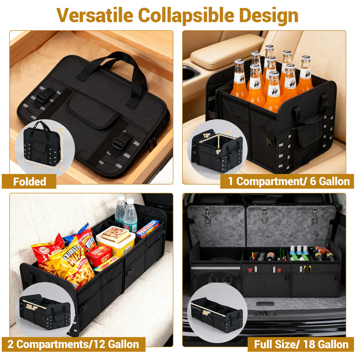18 Gal Car Trunk Organizer with Lid 3-Compartment Portable Storage Box