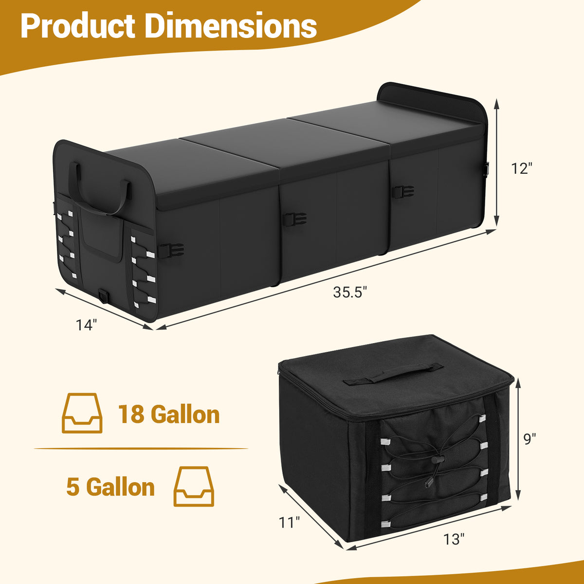 18 Gal Car Trunk Organizer with Lid 3-Compartment Portable Storage Box