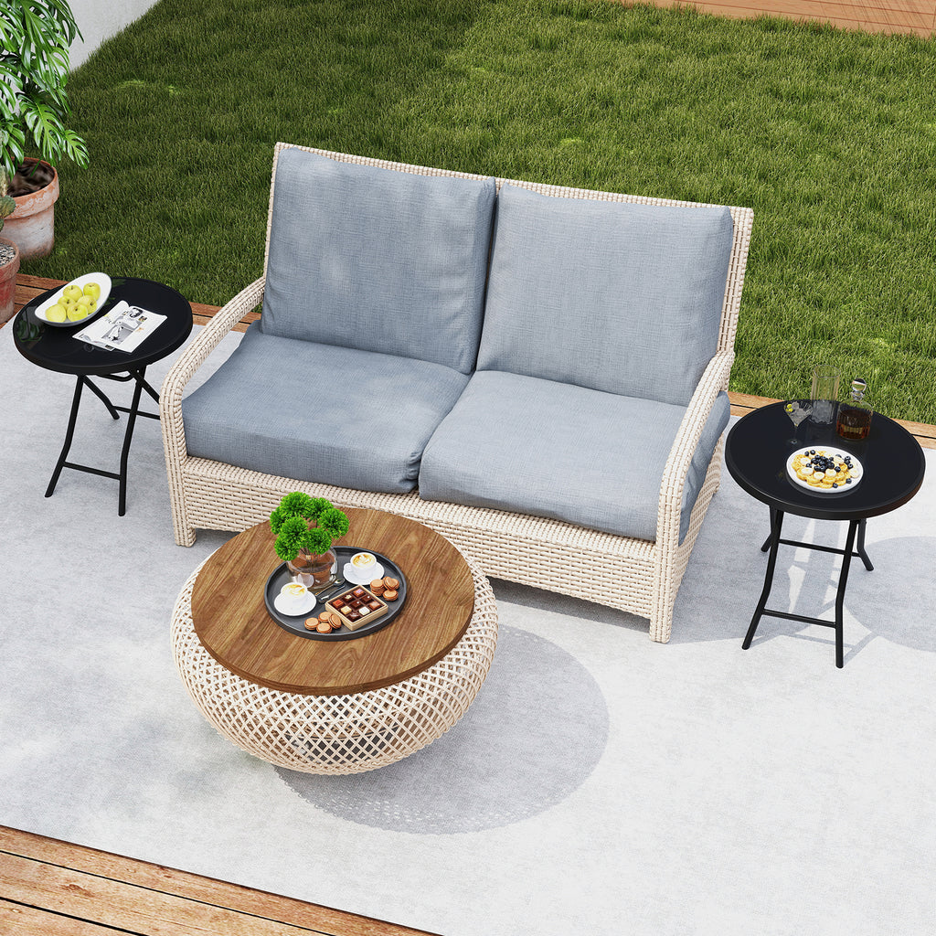 18 Inch Folding Round Side Table with Tempered Glass – Black
