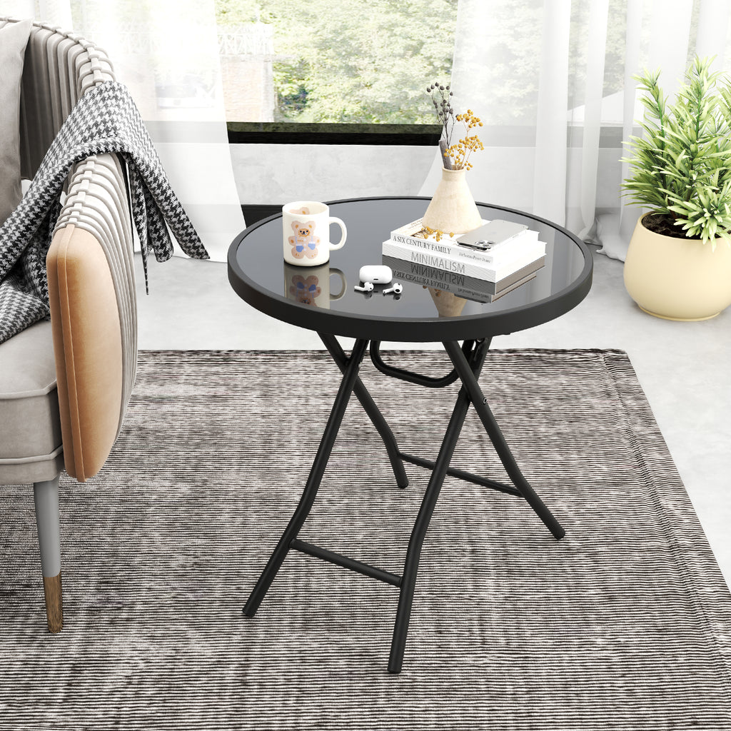 18 Inch Folding Round Side Table with Tempered Glass – Black
