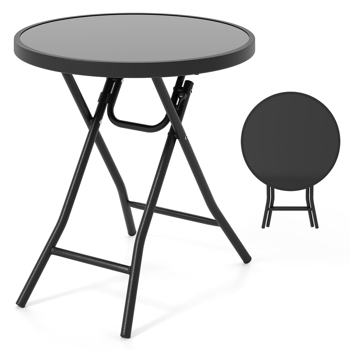 18 Inch Folding Round Side Table with Tempered Glass – Black