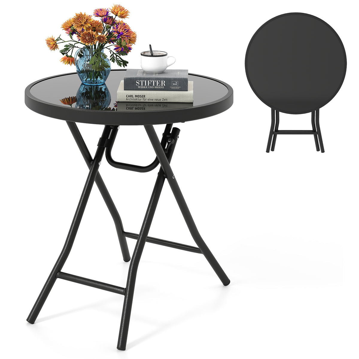 18 Inch Folding Round Side Table with Tempered Glass – Black