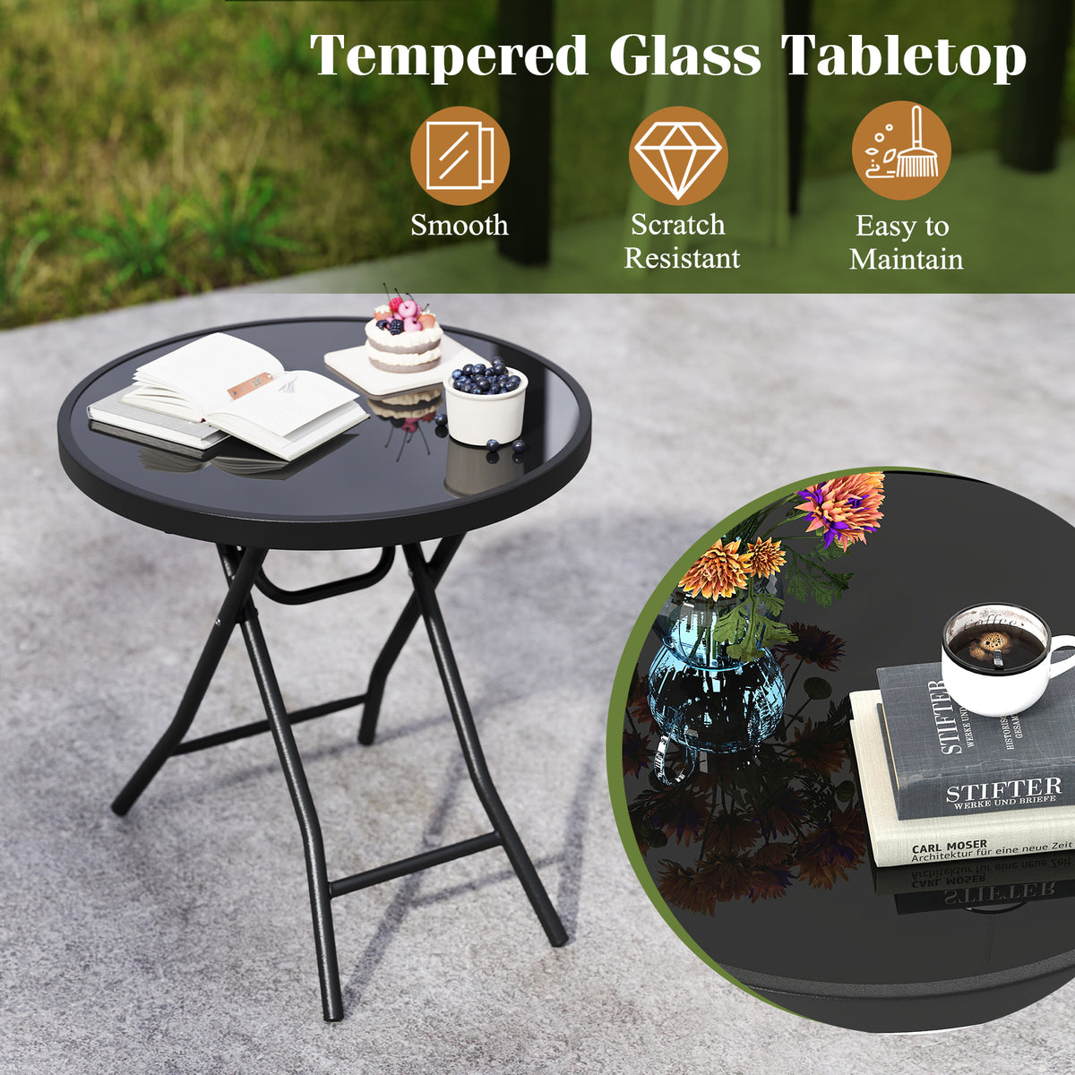 18 Inch Folding Round Side Table with Tempered Glass – Black