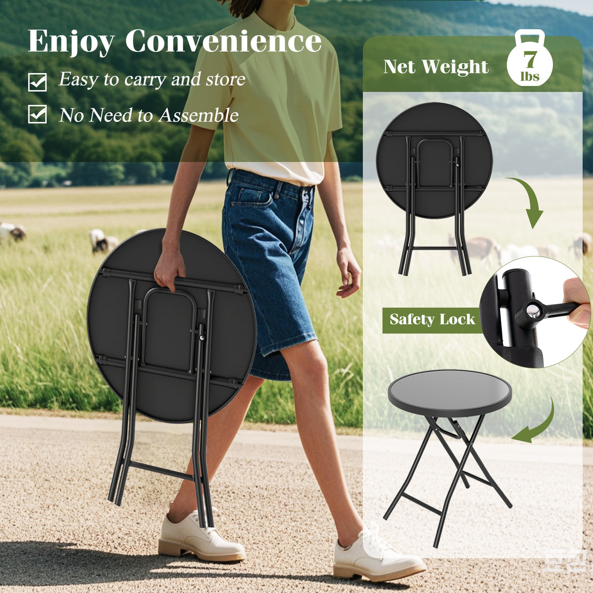 18 Inch Folding Round Side Table with Tempered Glass – Black