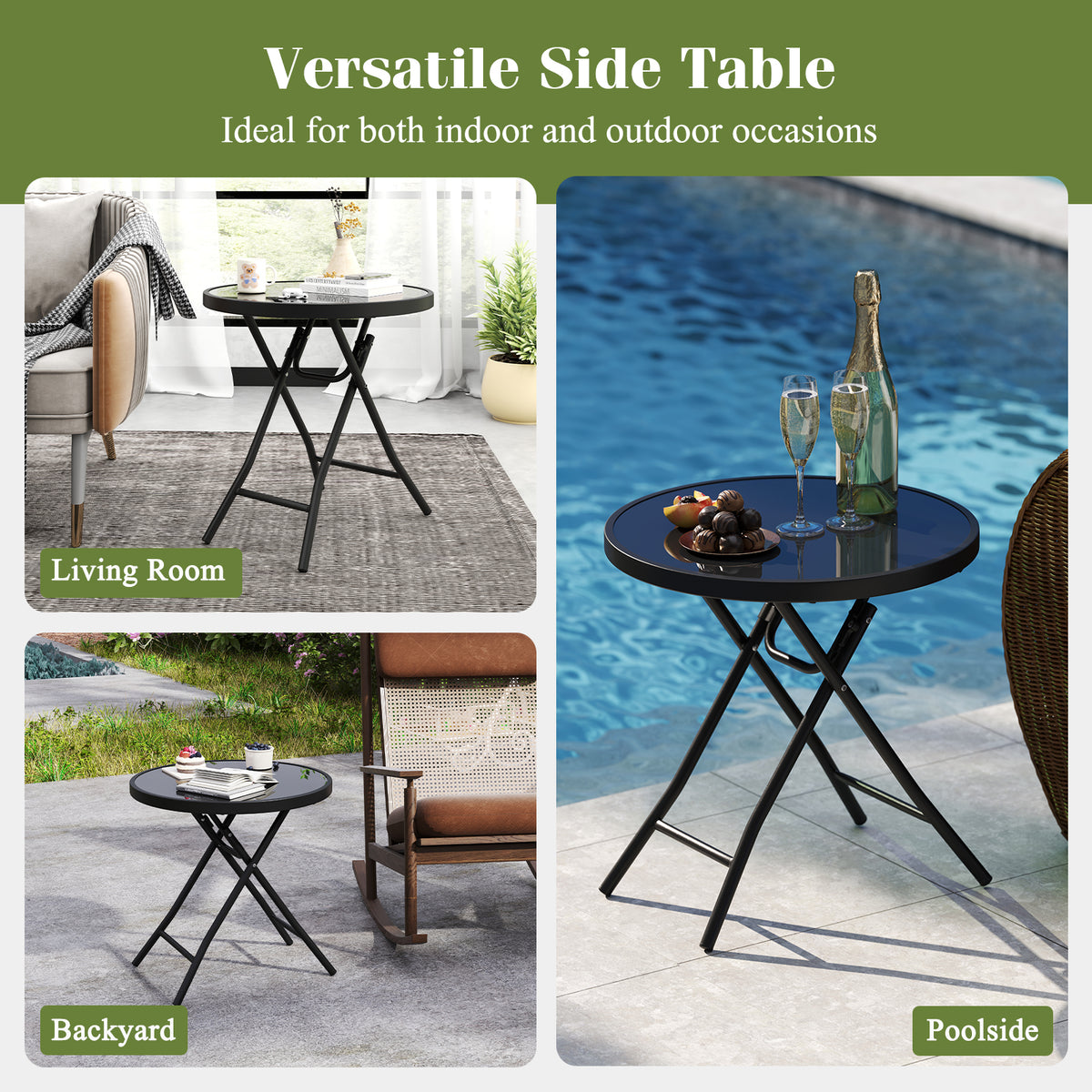 18 Inch Folding Round Side Table with Tempered Glass – Black