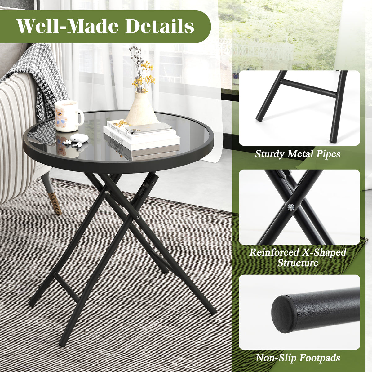 18 Inch Folding Round Side Table with Tempered Glass – Black
