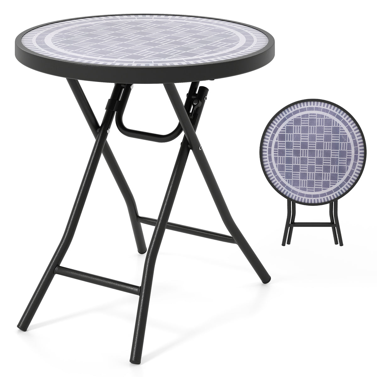 18 Inch Folding Round Side Table with Tempered Glass – Black