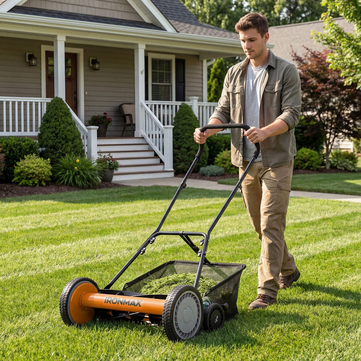 18 Inch Push Reel Lawn Mower, 4-Position Height, Orange