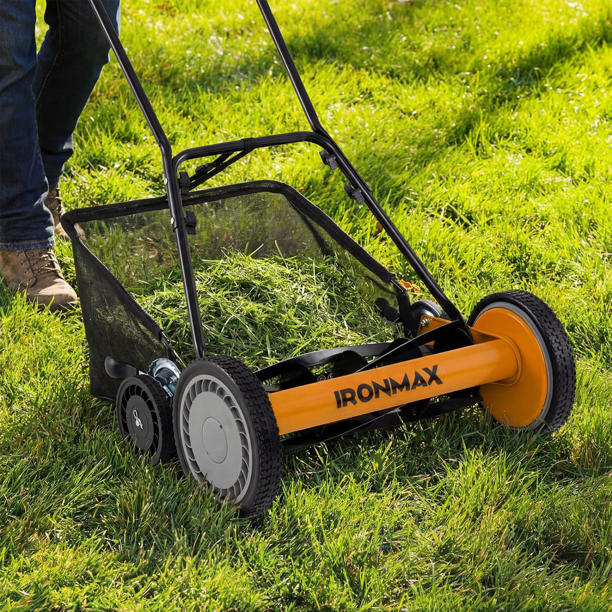 18 Inch Push Reel Lawn Mower, 4-Position Height, Orange