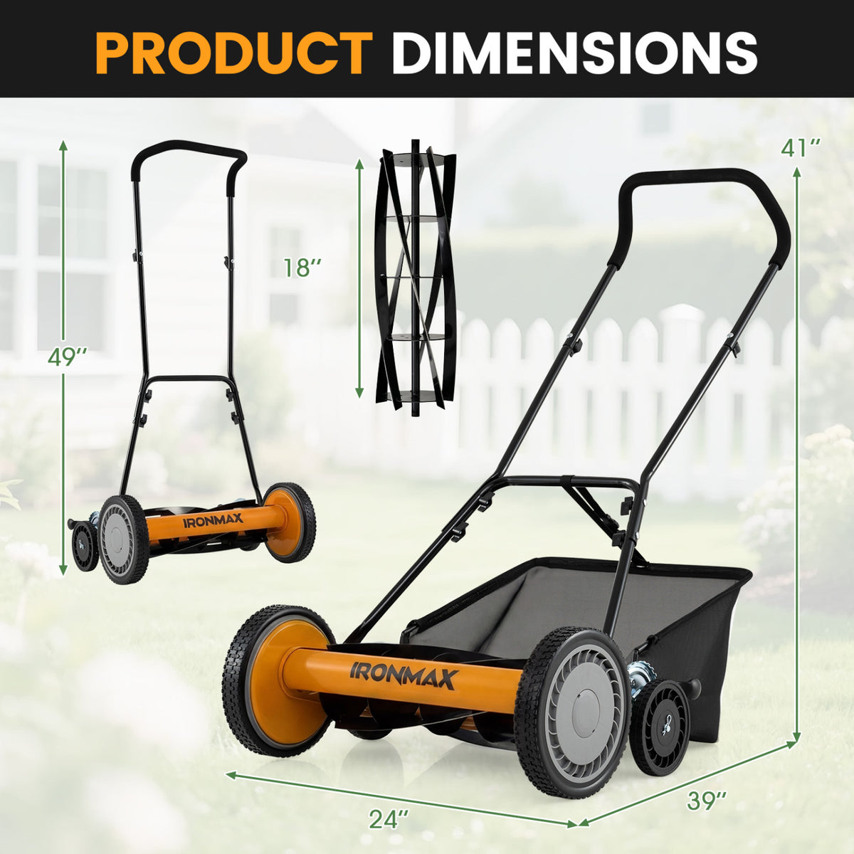 18 Inch Push Reel Lawn Mower, 4-Position Height, Orange
