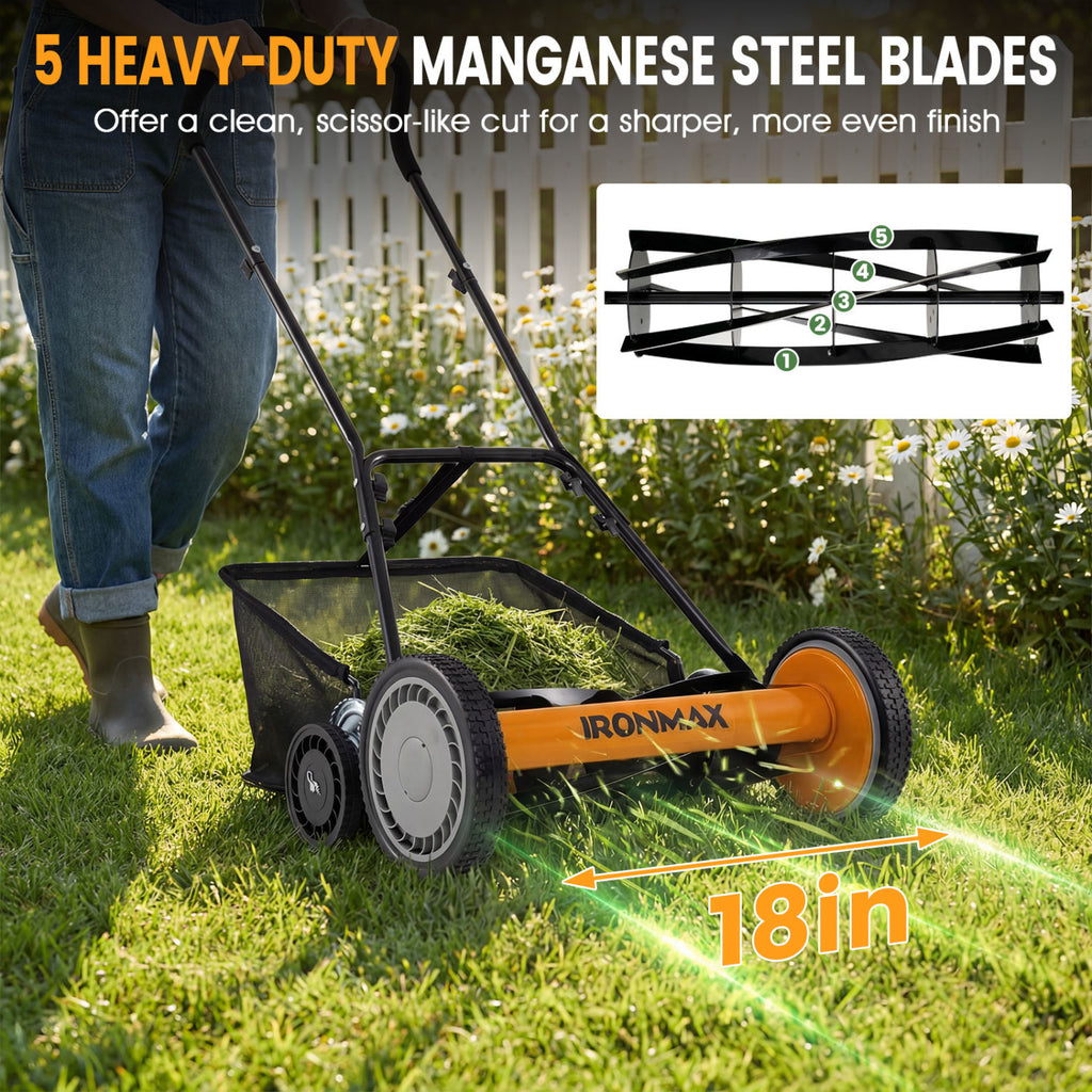 18 Inch Push Reel Lawn Mower, 4-Position Height, Orange