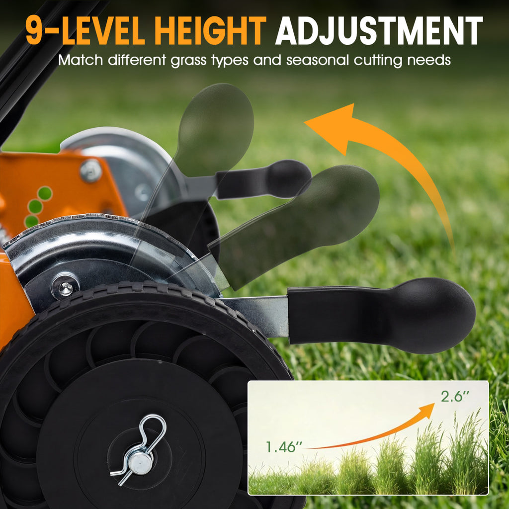 18 Inch Push Reel Lawn Mower, 4-Position Height, Orange