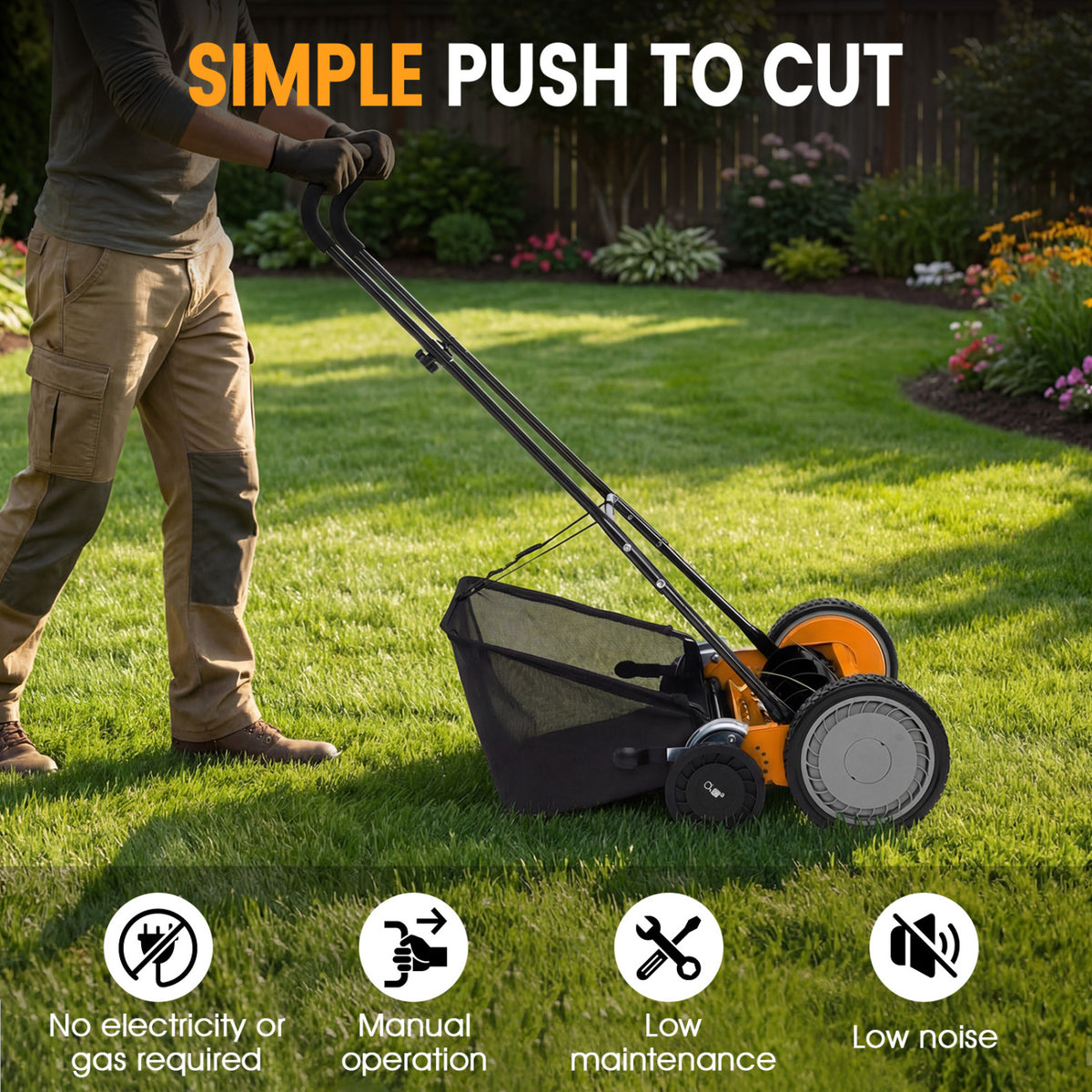 18 Inch Push Reel Lawn Mower, 4-Position Height, Orange