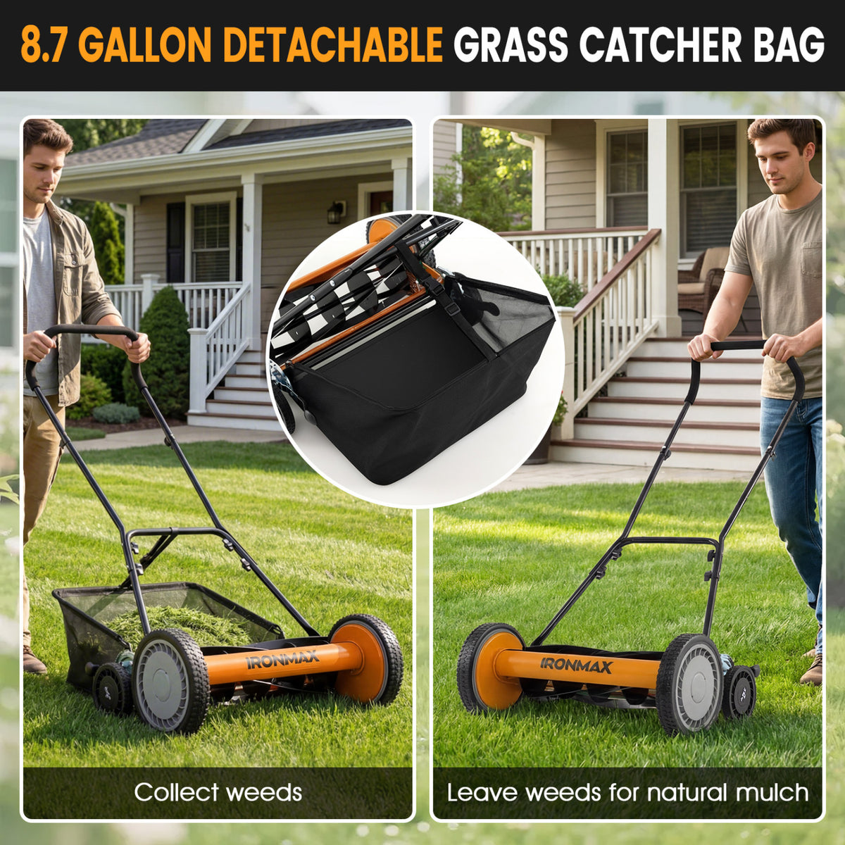 18 Inch Push Reel Lawn Mower, 4-Position Height, Orange