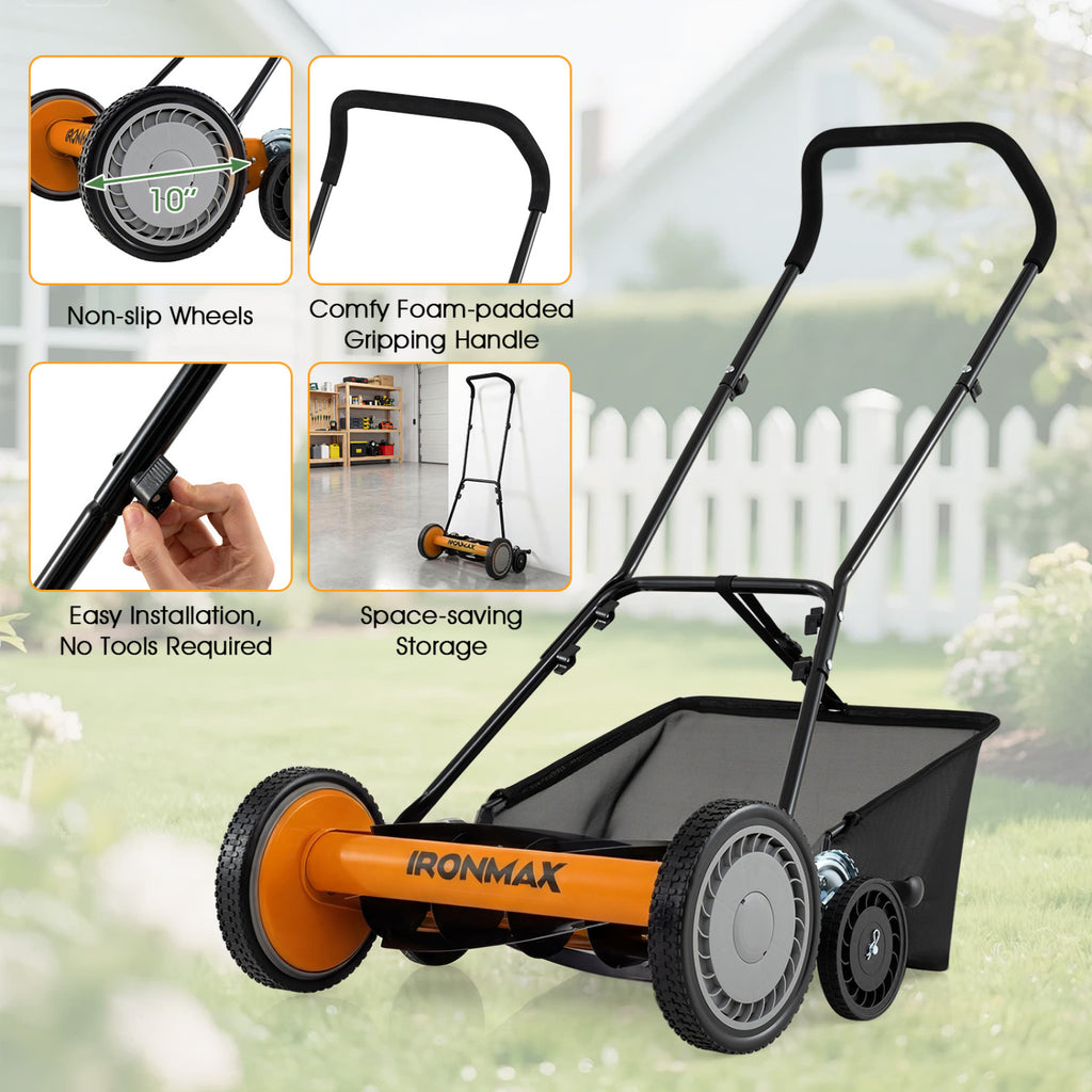 18 Inch Push Reel Lawn Mower, 4-Position Height, Orange