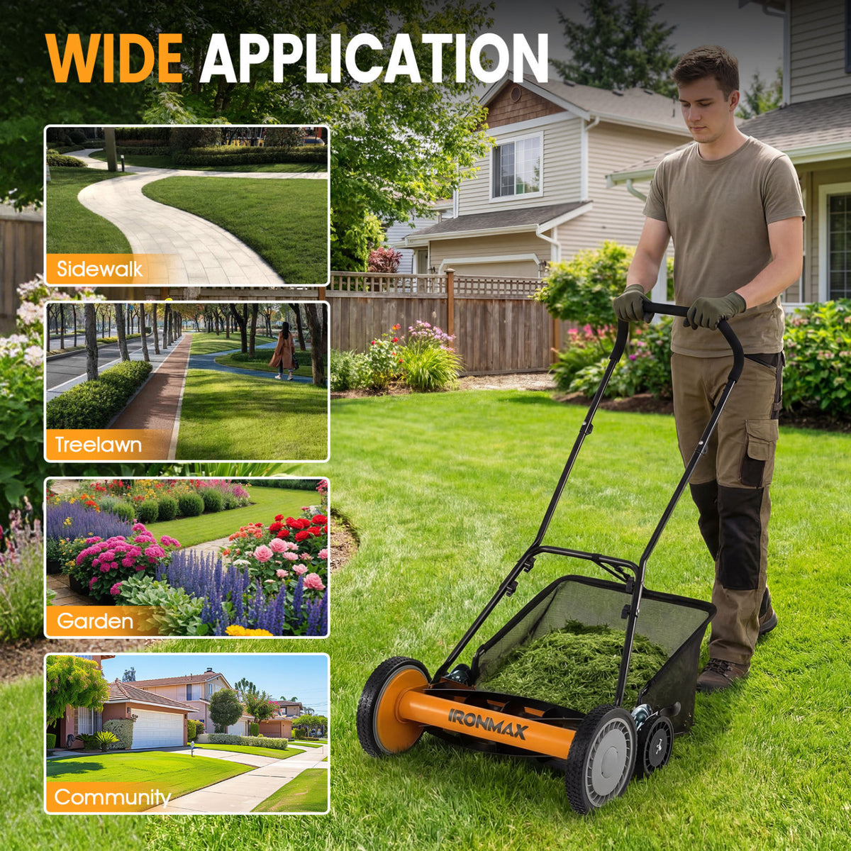 18 Inch Push Reel Lawn Mower, 4-Position Height, Orange