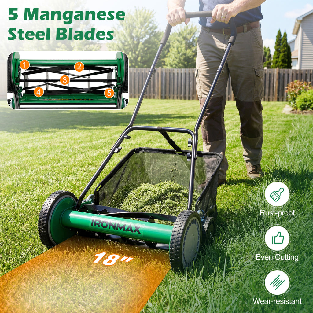 18 Inch Push Reel Lawn Mower 4-Position Adjustable - Green
