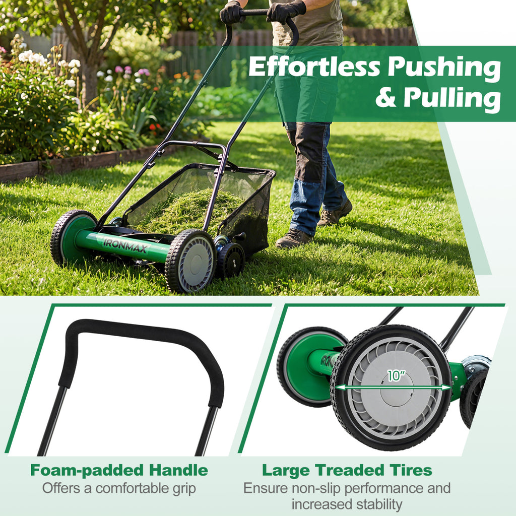 18 Inch Push Reel Lawn Mower 4-Position Adjustable - Green