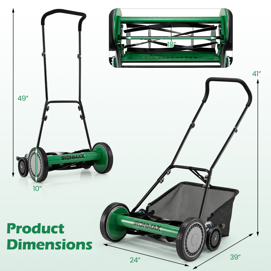 18 Inch Push Reel Lawn Mower 4-Position Adjustable - Green