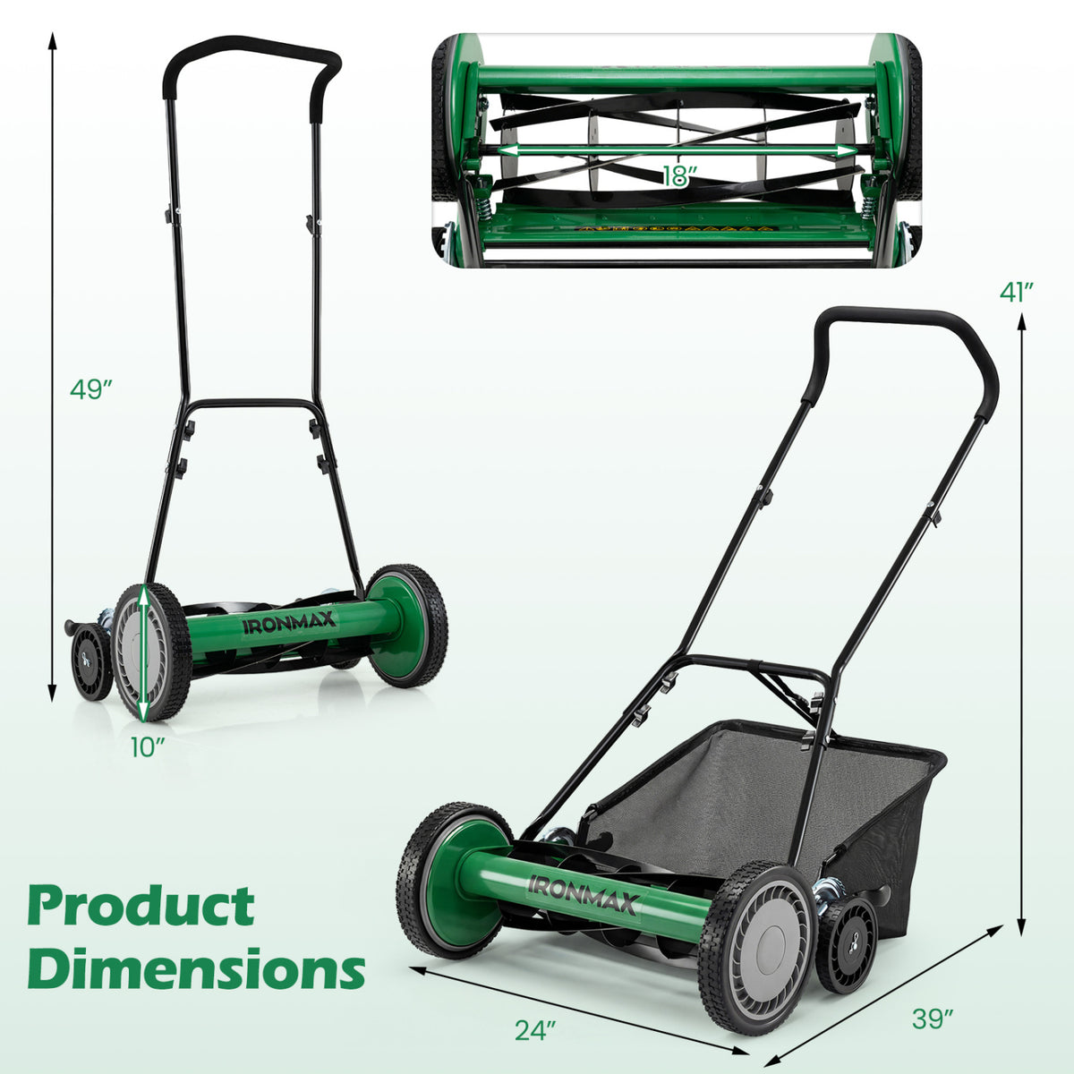 18 Inch Push Reel Lawn Mower 4-Position Adjustable - Green