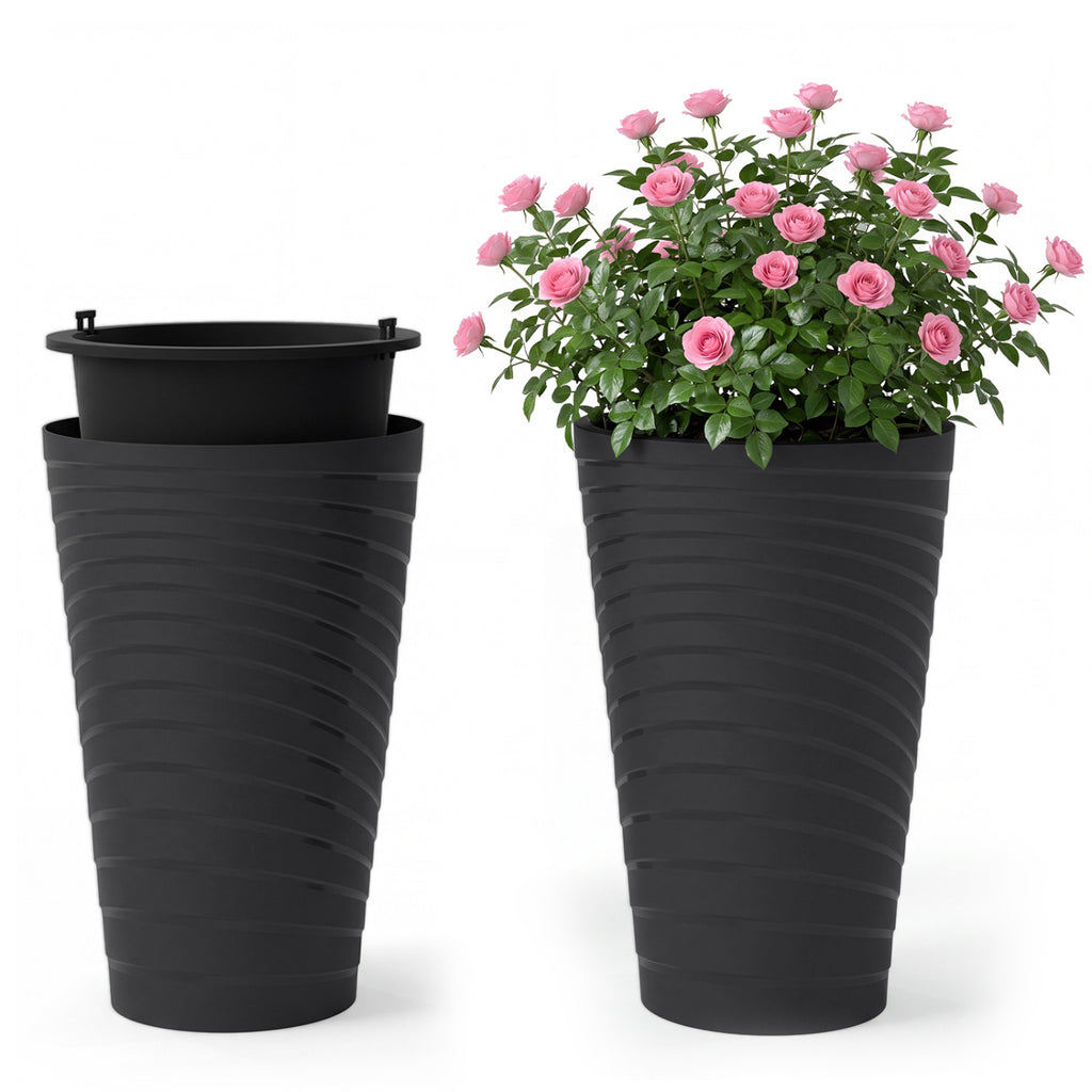Square Plastic Planters Set of 2 with Drainage - Brown
