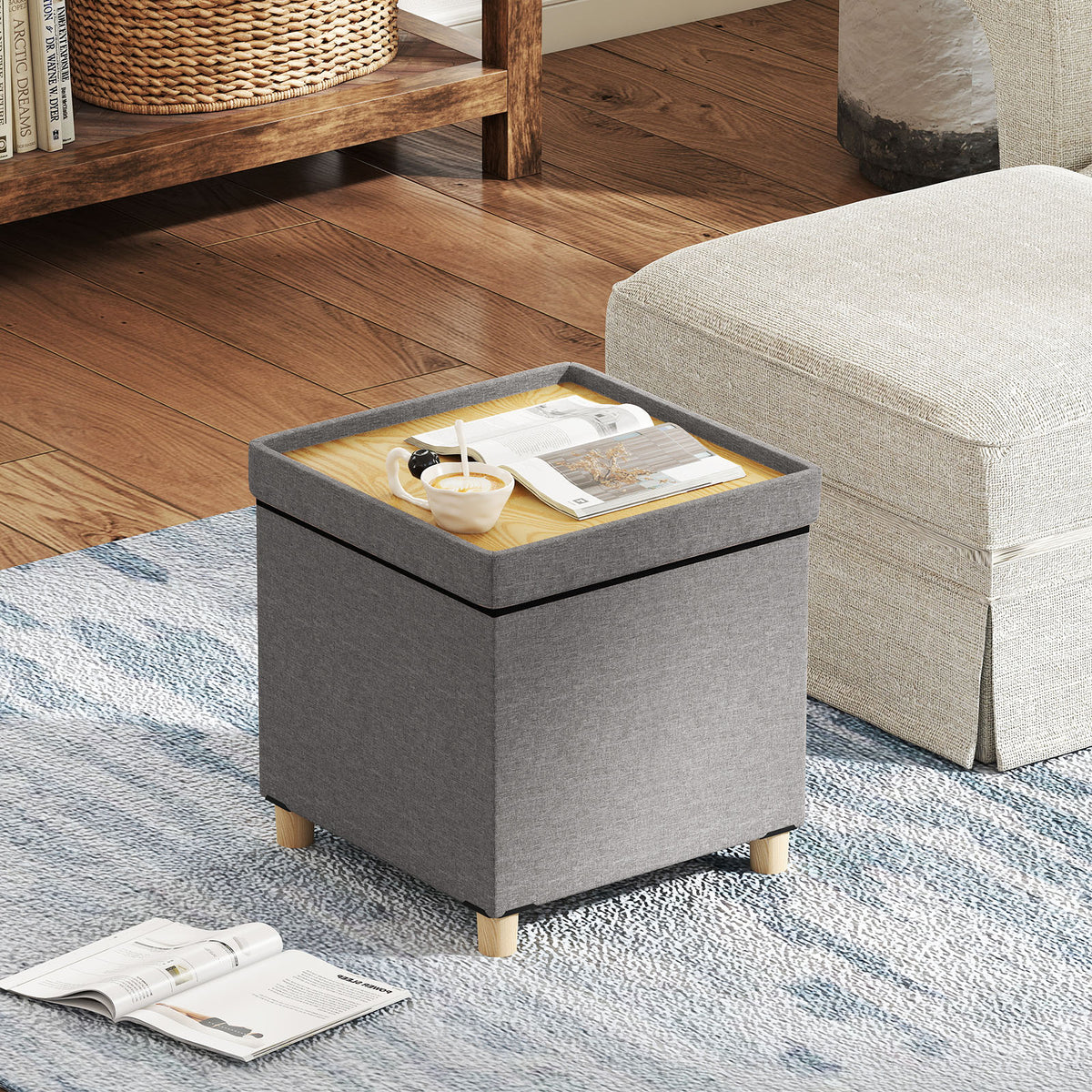 18 Inches Ottoman with Storage and Rubber Wood Legs
