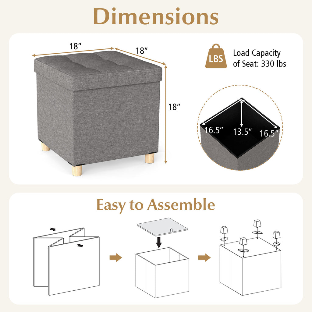 18" Storage Ottoman with Flip-Top Lid, Gray