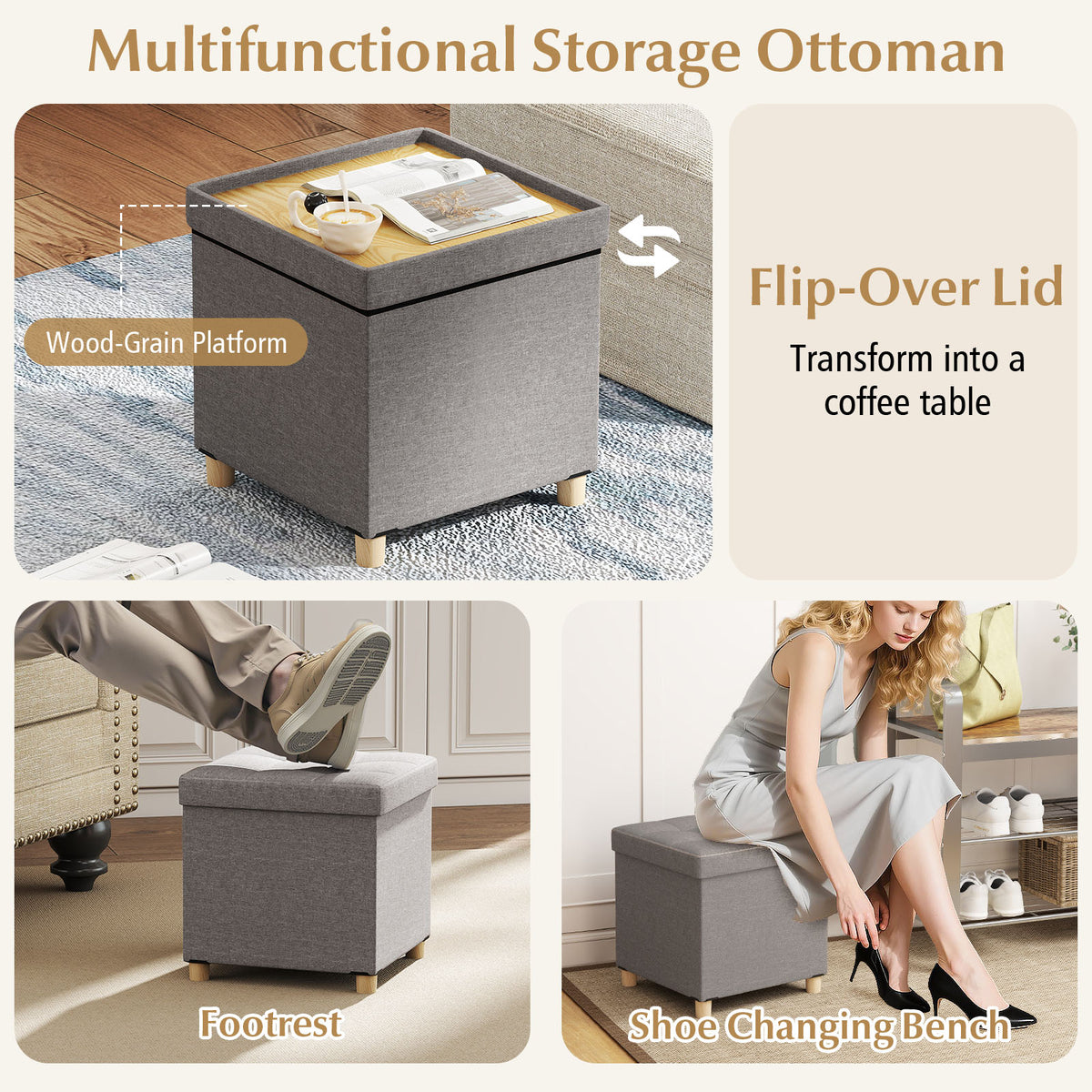 18" Storage Ottoman with Flip-Top Lid, Gray