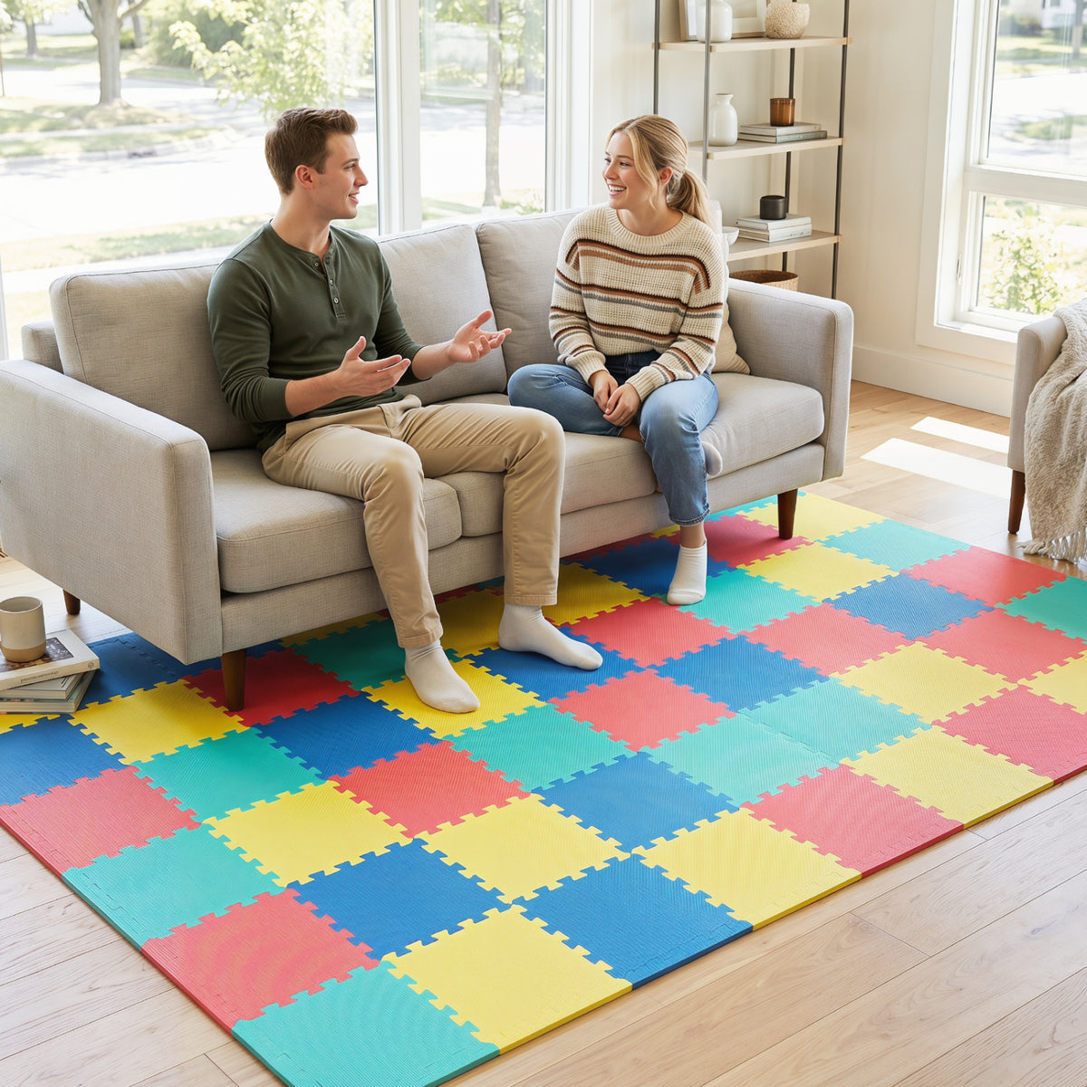 Multicolor Interlocking Foam Floor Tiles with Borders - 18 Pack