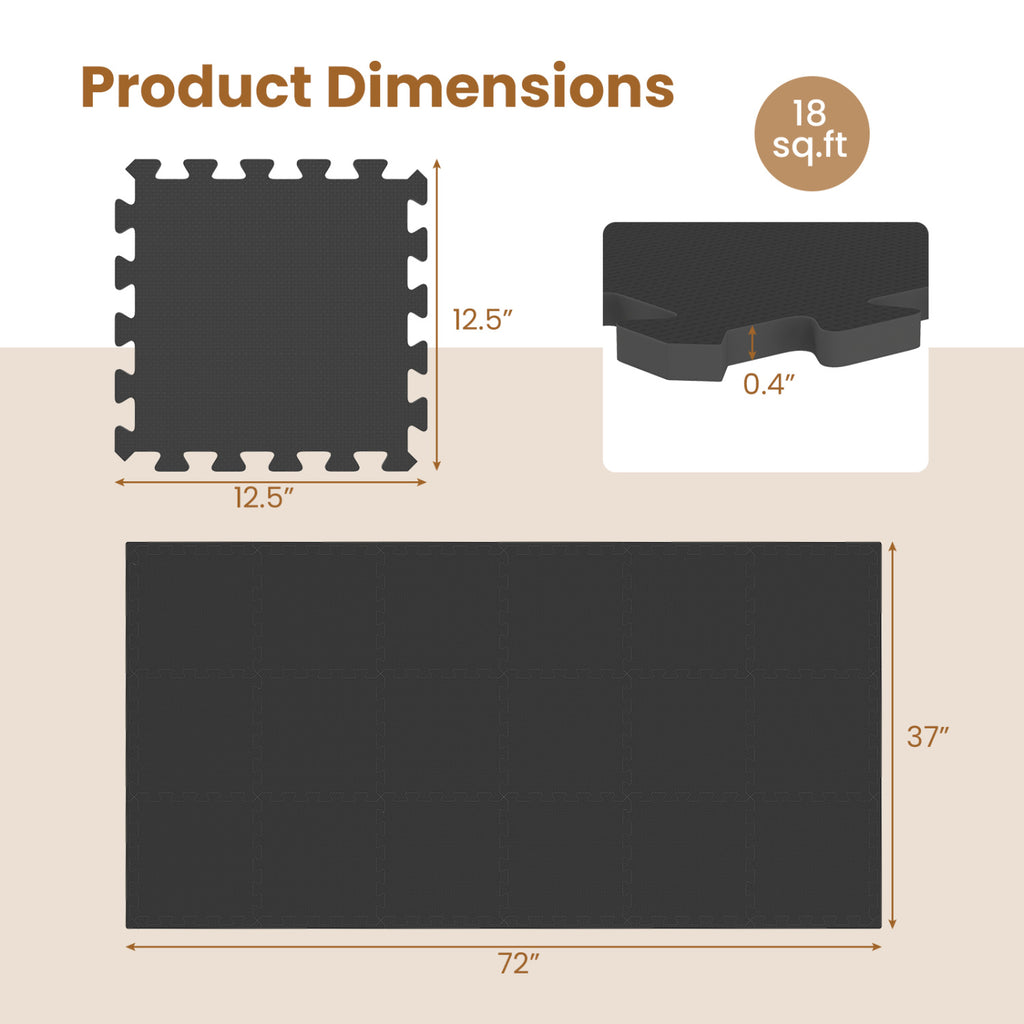 Black Interlocking EVA Foam Floor Tiles with Borders - 18 Pack