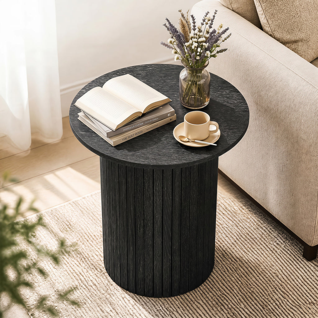 18" Round Fluted Side Table with Pedestal Base - Black