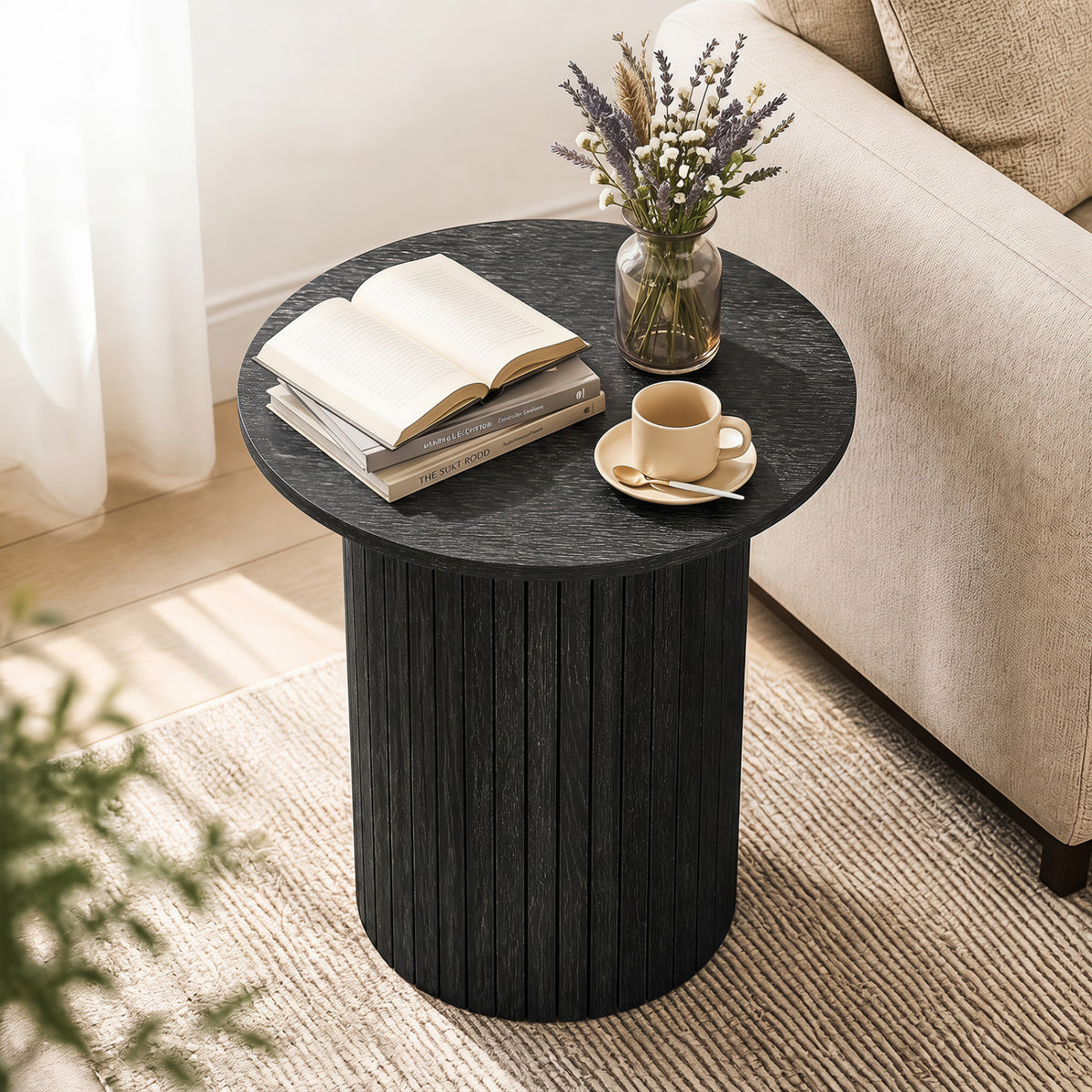 18" Round Fluted Side Table with Pedestal Base - Black