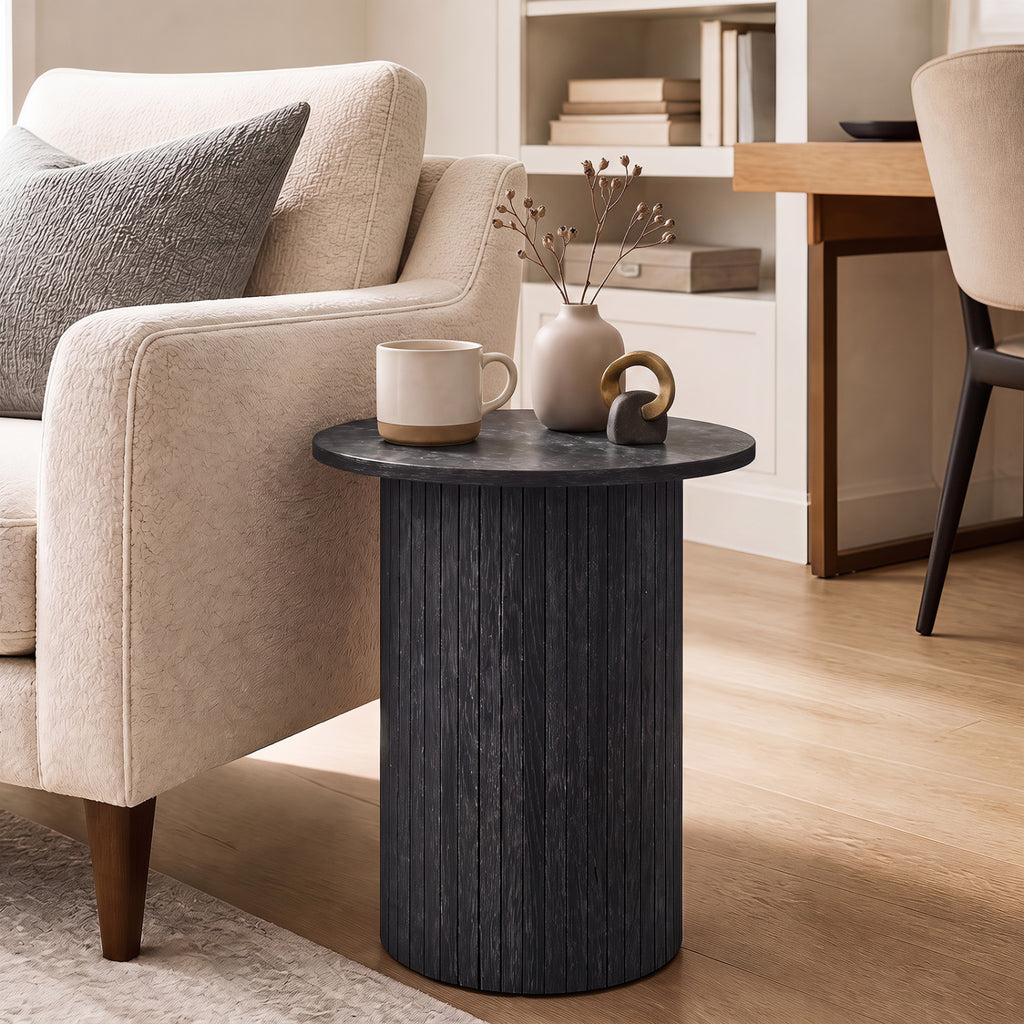 18" Round Fluted Side Table with Pedestal Base - Black