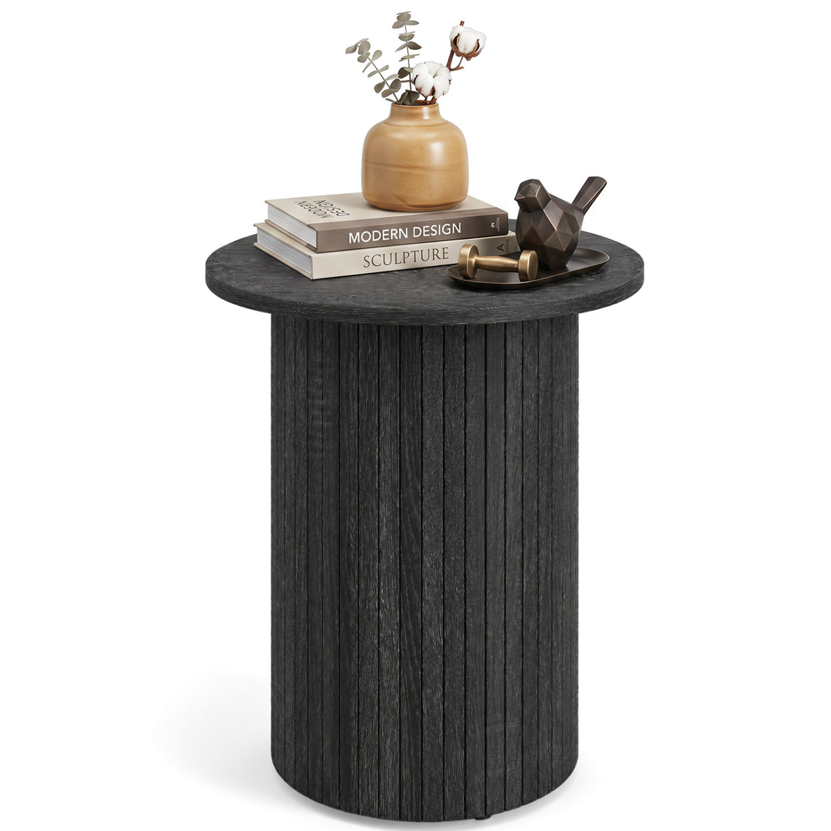 18" Round Fluted Side Table with Pedestal Base - Black