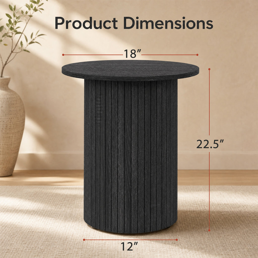 18" Round Fluted Side Table with Pedestal Base - Black
