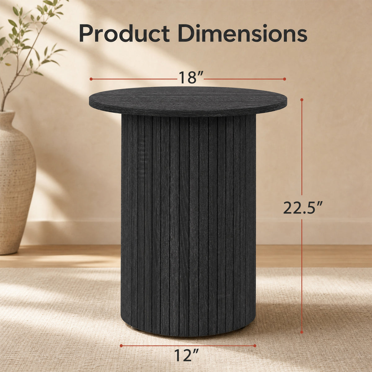 18" Round Fluted Side Table with Pedestal Base - Black