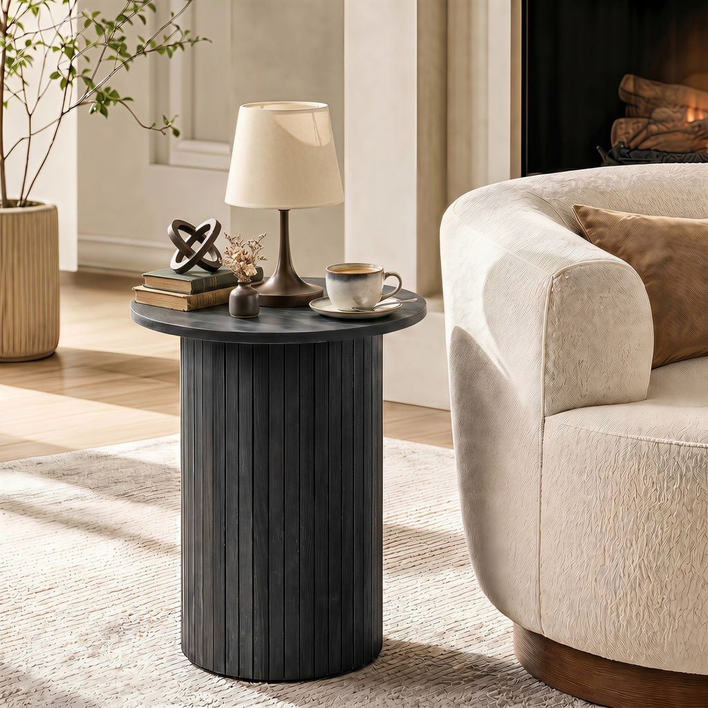 18" Round Fluted Side Table with Pedestal Base - Black