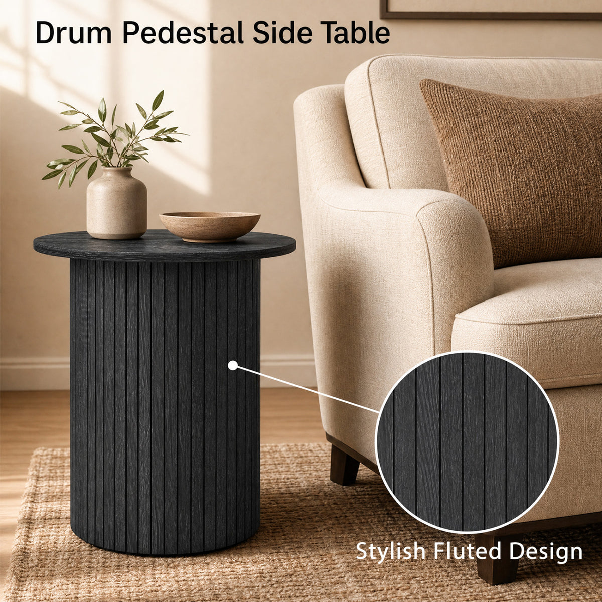 18" Round Fluted Side Table with Pedestal Base - Black