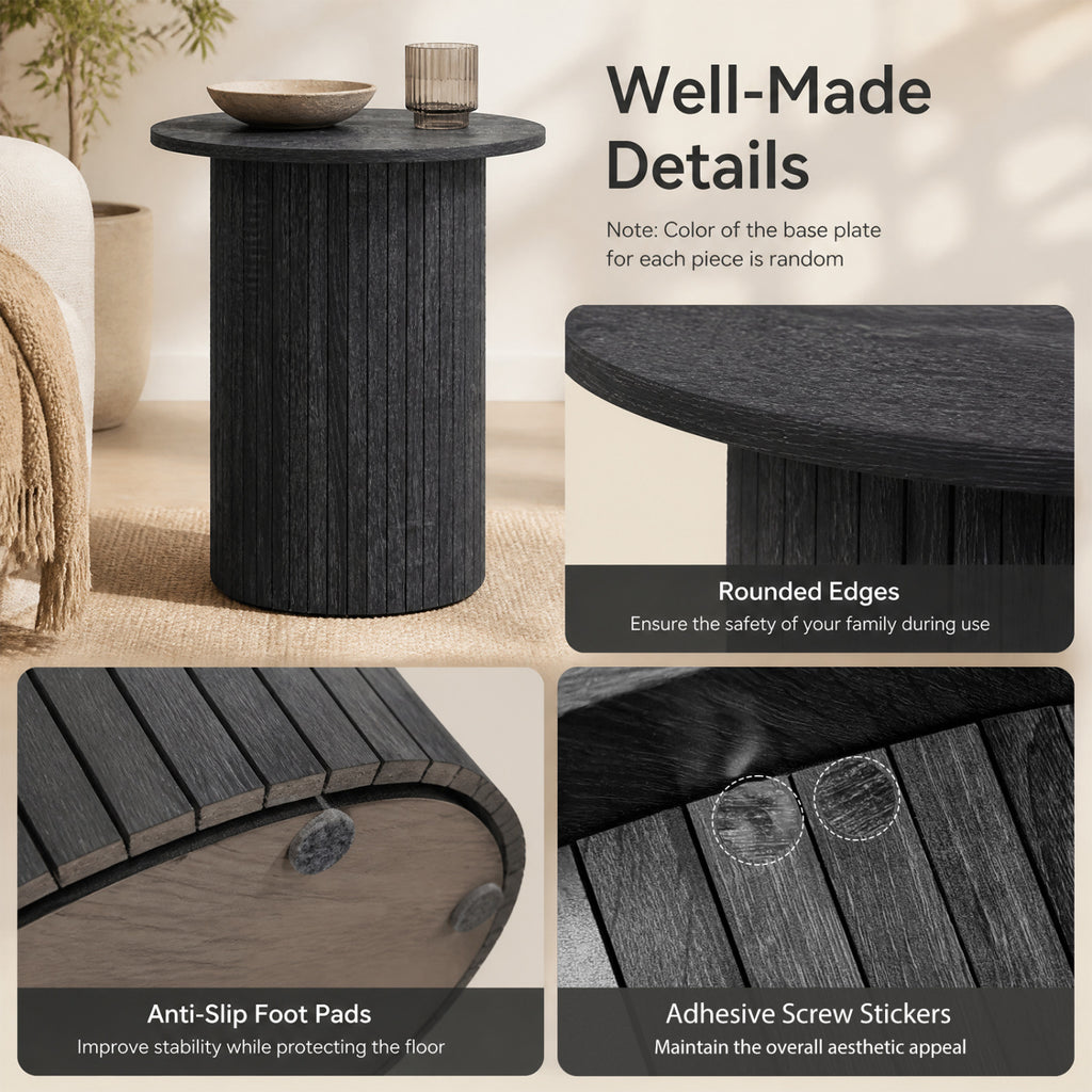 18" Round Fluted Side Table with Pedestal Base - Black
