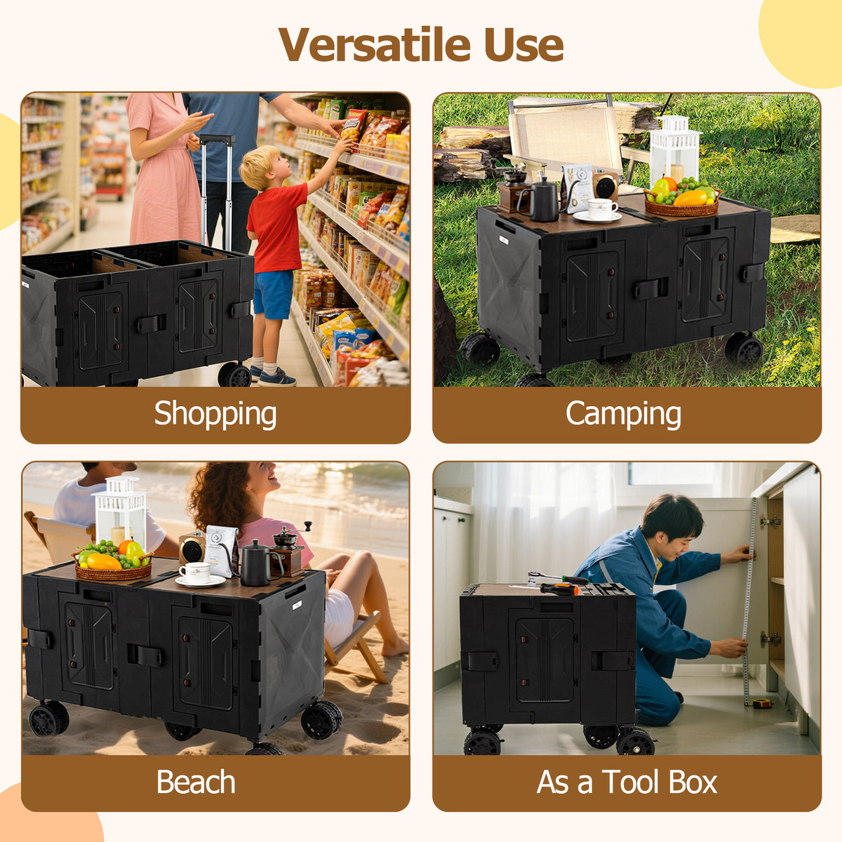 Large Foldable Utility Cart with 2-Tier Storage Crates and