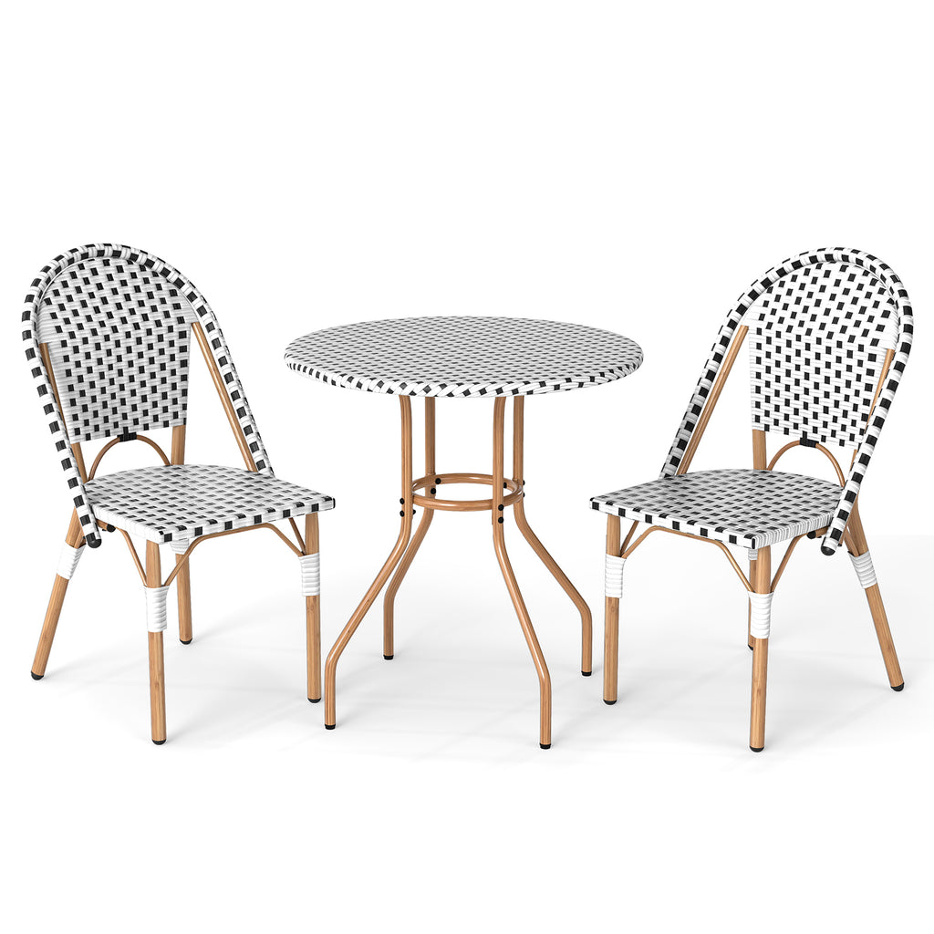 3 Piece French Bistro Table Chair Set with Outdoor Wicker Round and 2