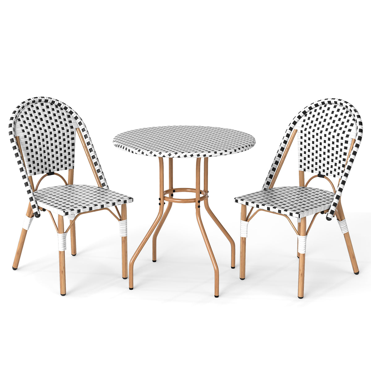 3 Piece French Bistro Table Chair Set with Outdoor Wicker Round and 2