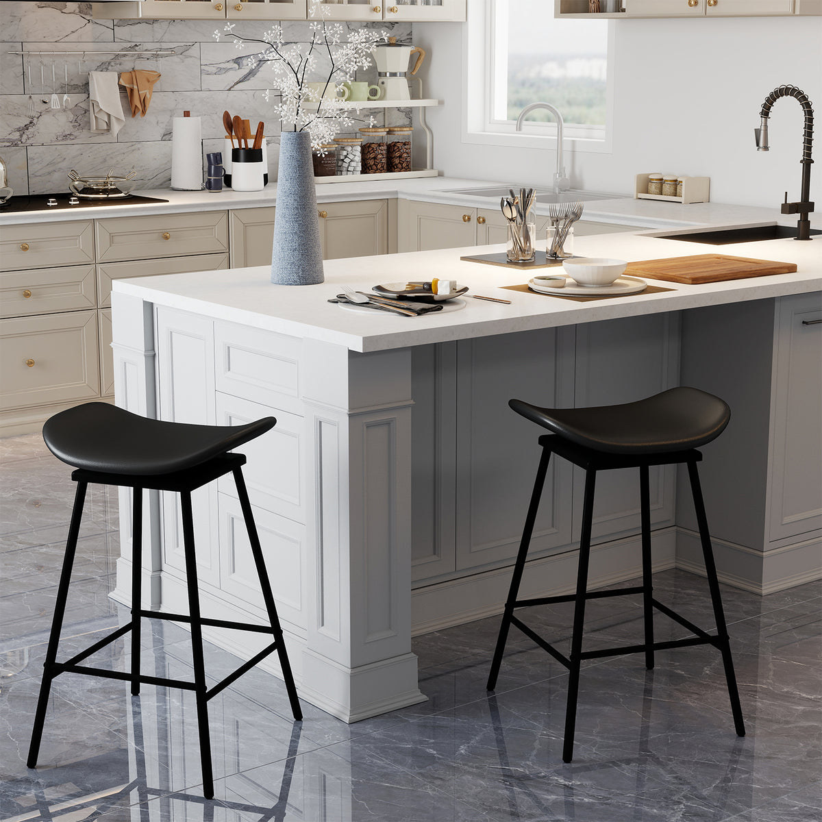 Set of 2 Swivel Barstools Faux Leather Backless Black