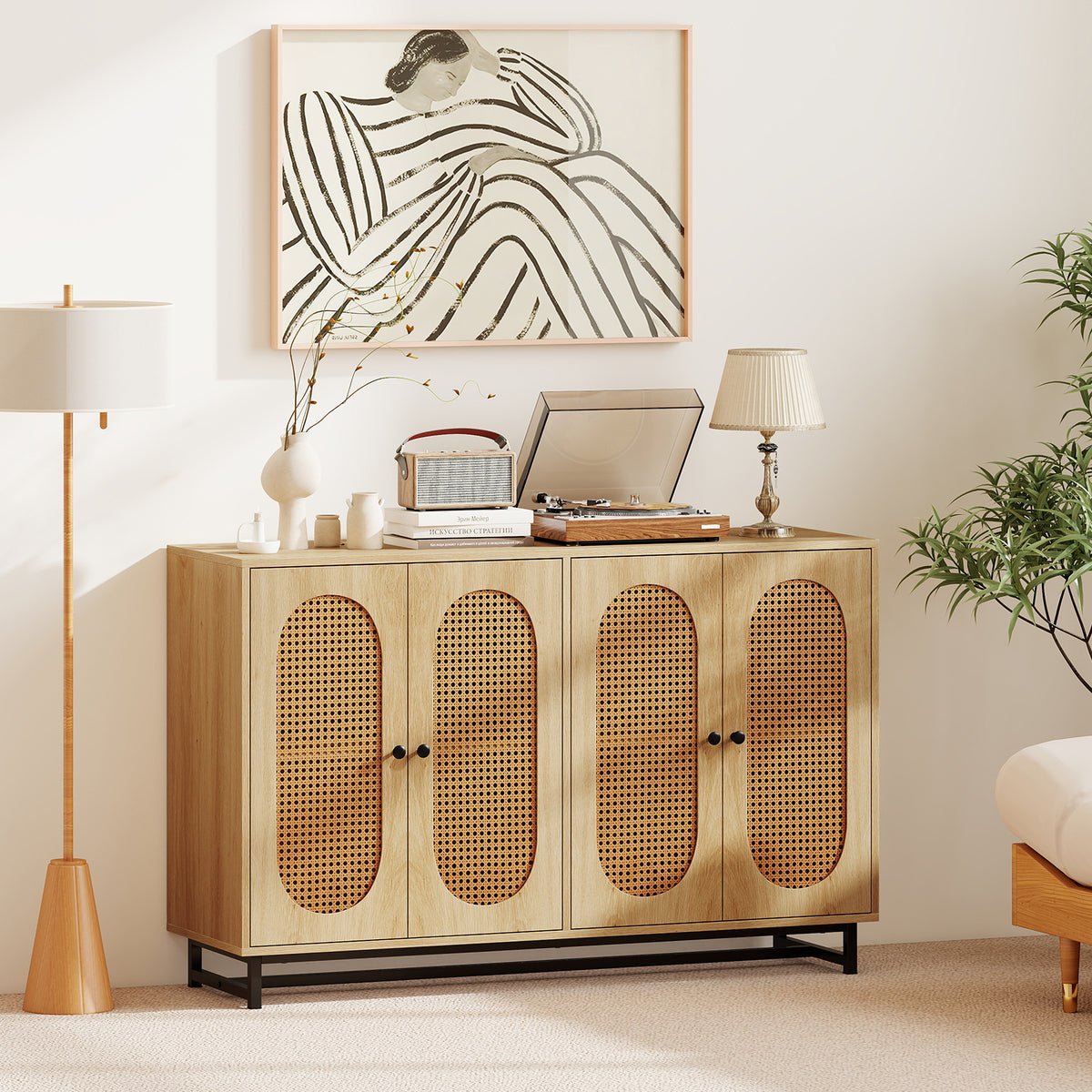 50-Inch Buffet Sideboard Cabinet with 4 Rattan Doors, Natural
